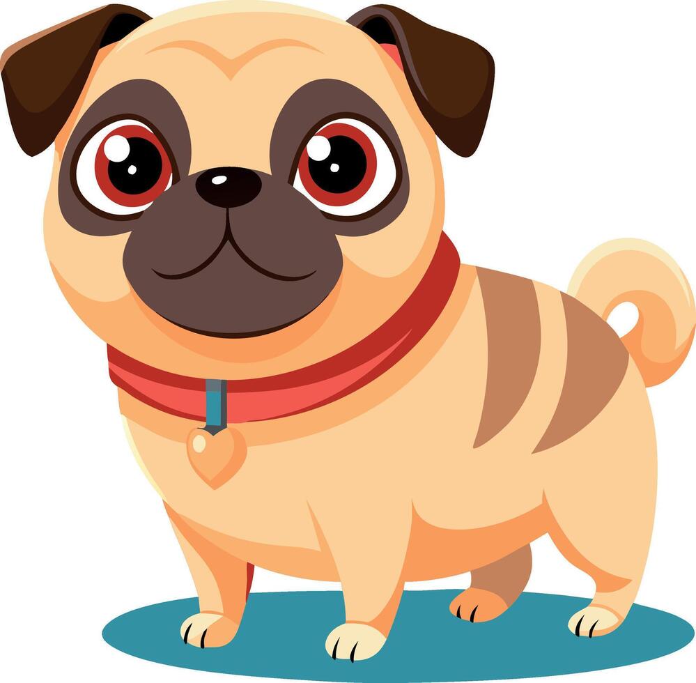 Cute cartoon pug dog illustration with red collar on white background vector