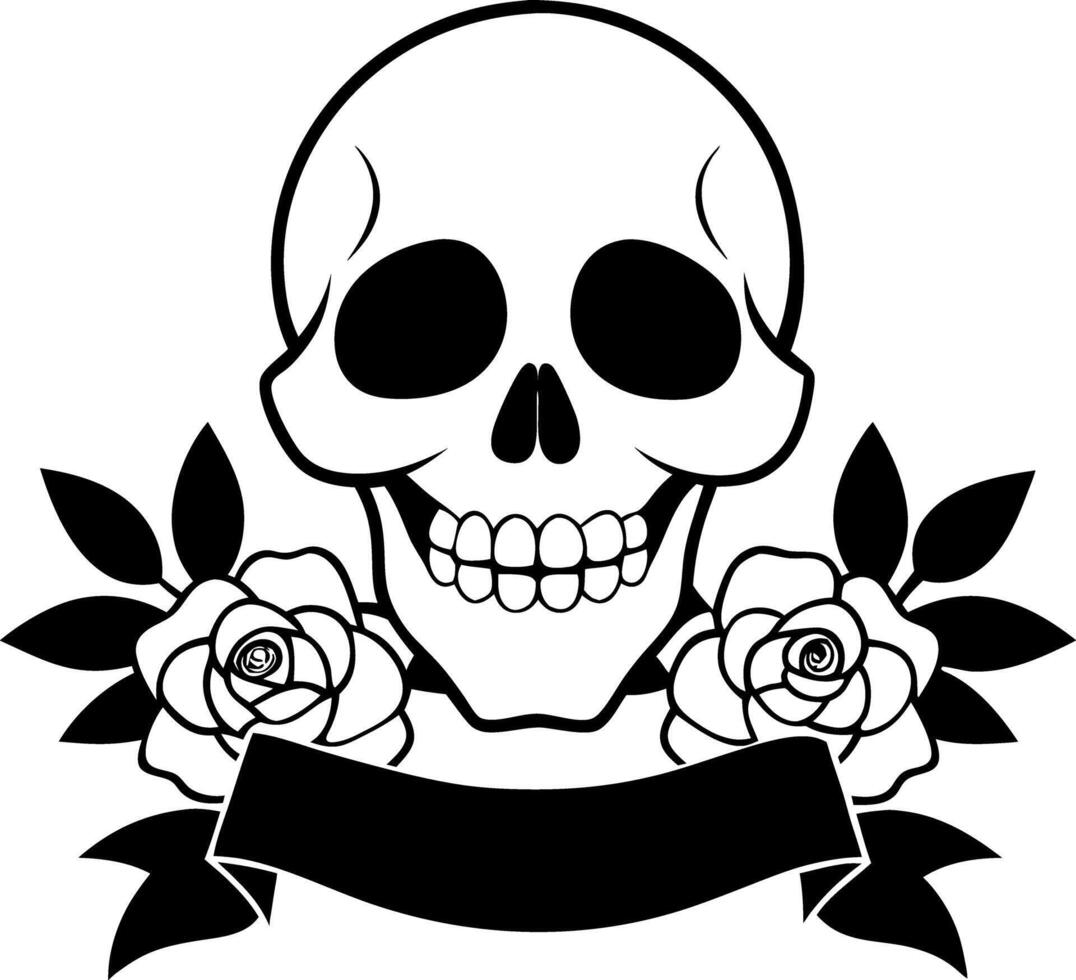 A skull with roses and a ribbon around it vector