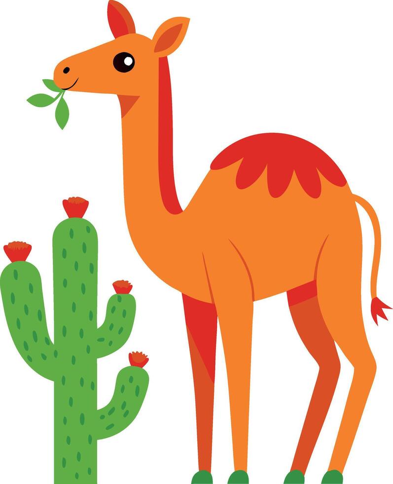 Colorful cartoon camel eating leaves near a cactus in a desert setting vector