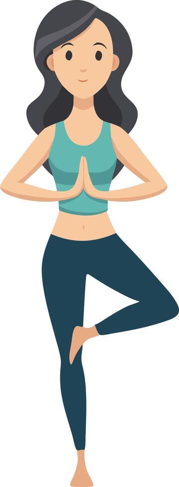 Animated woman practicing yoga in tree pose, promoting relaxation and fitness vector