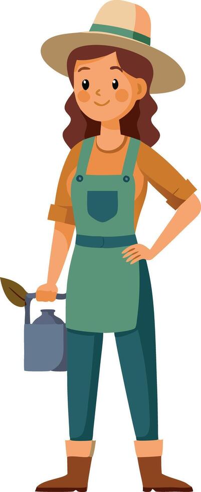 Cartoon female gardener holding watering can in apron and hat vector