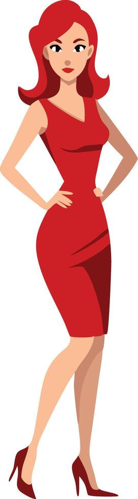 Elegant woman in red dress and high heels, stylish cartoon illustration vector