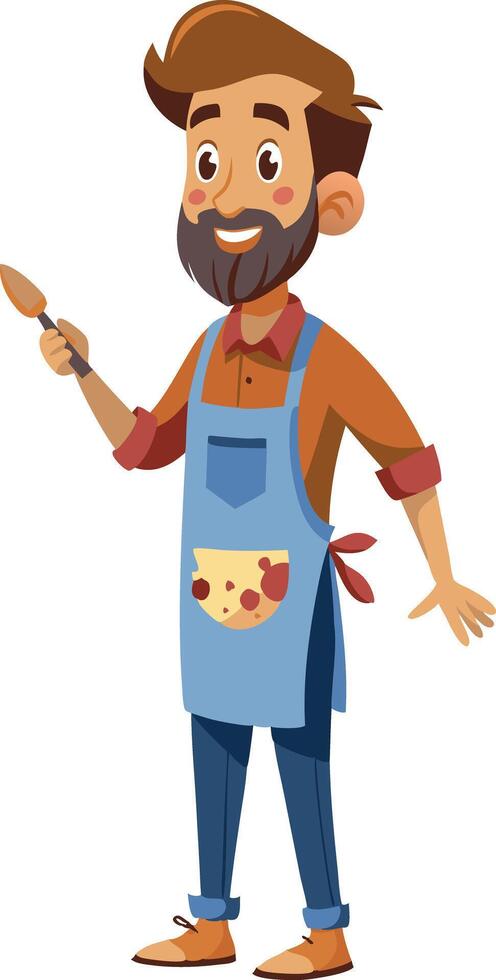 Smiling cartoon man with beard and apron holding a gardening trowel vector