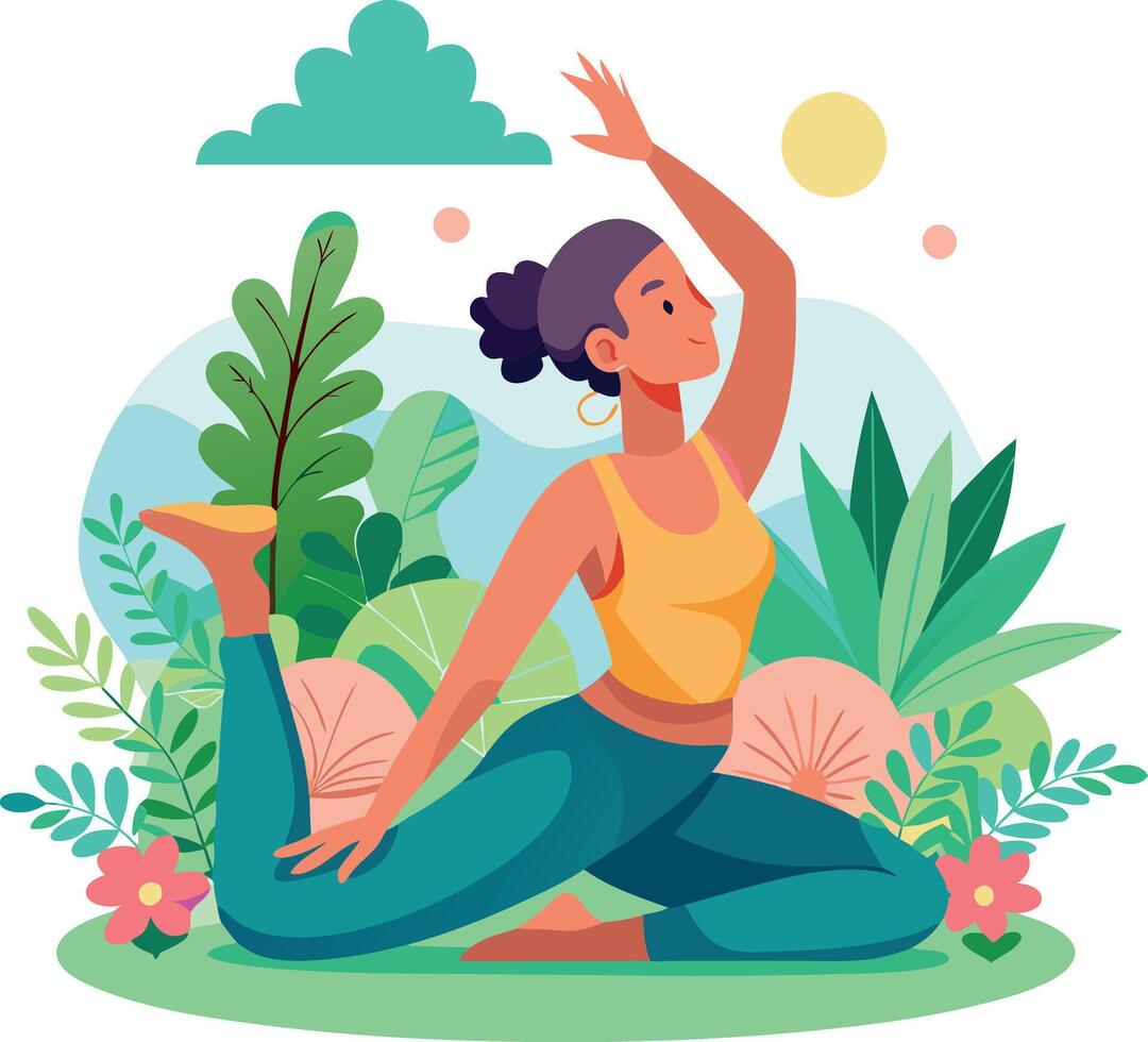 Woman practicing yoga in nature, performing a stretching pose surrounded by lush greenery and flowers vector