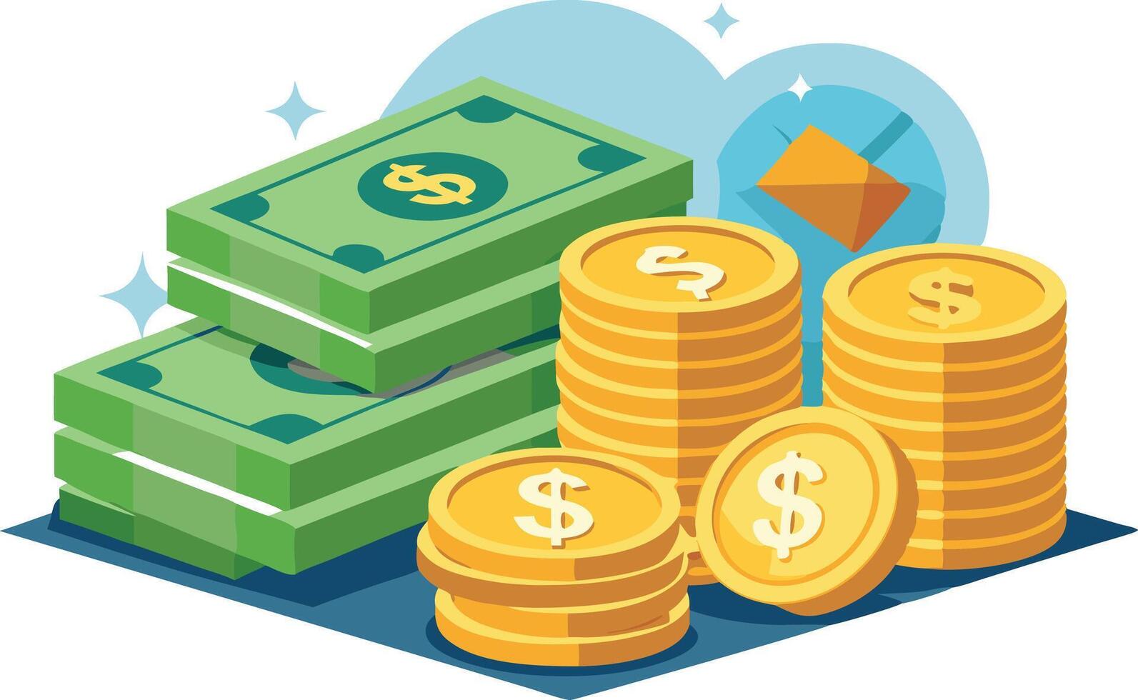Cartoon illustration of stacks of money and gold coins representing wealth and financial success vector
