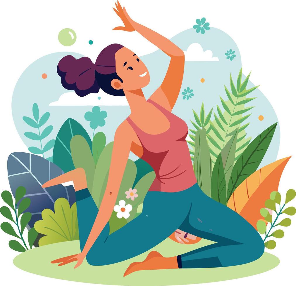 Woman practicing yoga in nature surrounded by plants and flowers vector