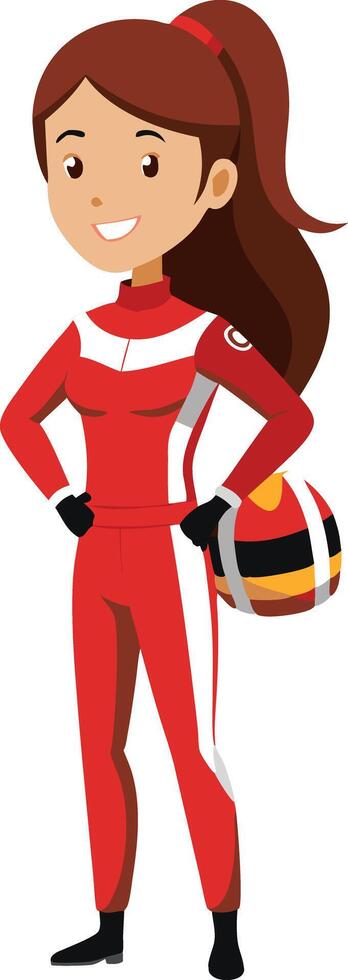 Illustration of a confident female race car driver in red racing suit holding a helmet vector