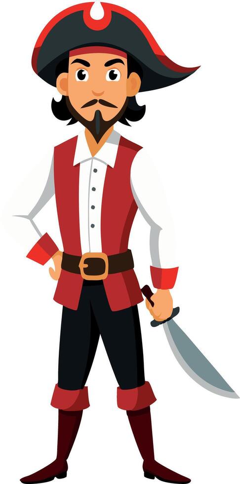 Cartoon pirate character in red and white outfit with sword and hat on white background vector
