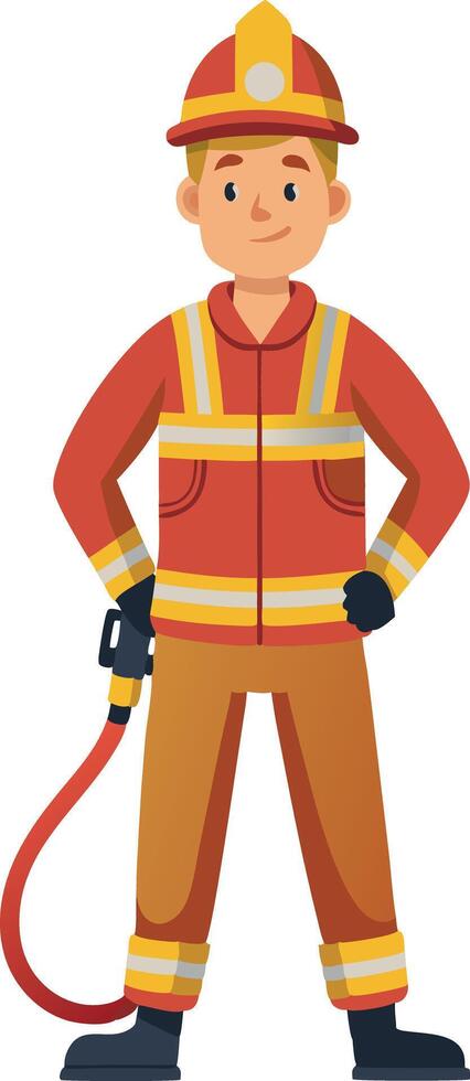 Illustration of a firefighter standing confidently with hands on hips and holding a fire hose vector