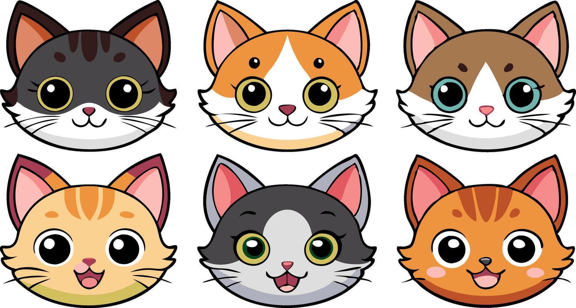 Cute cartoon cat faces in various colors and expressions with a white background vector