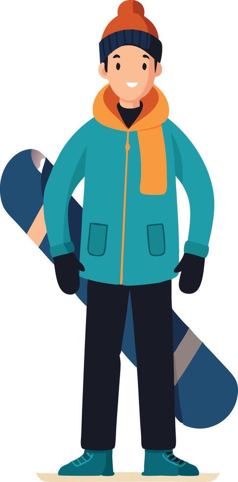 Smiling man holding snowboard ready for winter sports adventure vector
