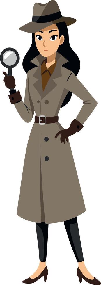 Female detective holding magnifying glass in trench coat and hat vector