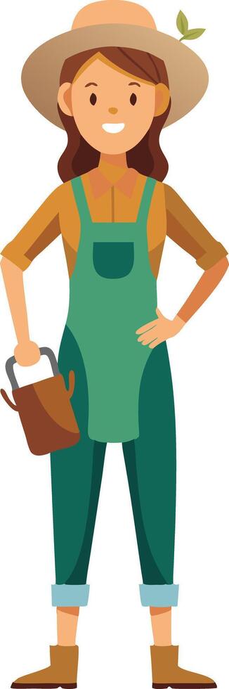 Smiling female farmer holding a watering can in casual gardening attire vector