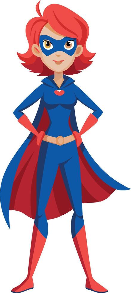 Confident superhero woman in blue and red costume with cape and mask, standing with hands on hips vector