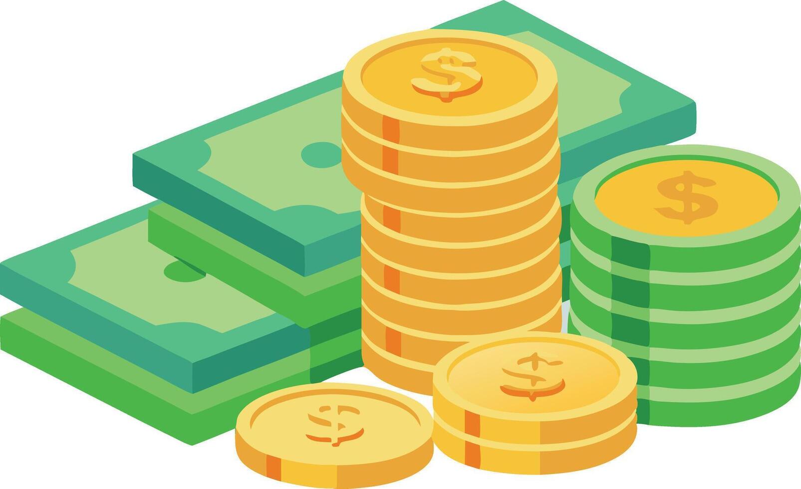 Stack of money, coins, and bills representing wealth, finance, and savings vector