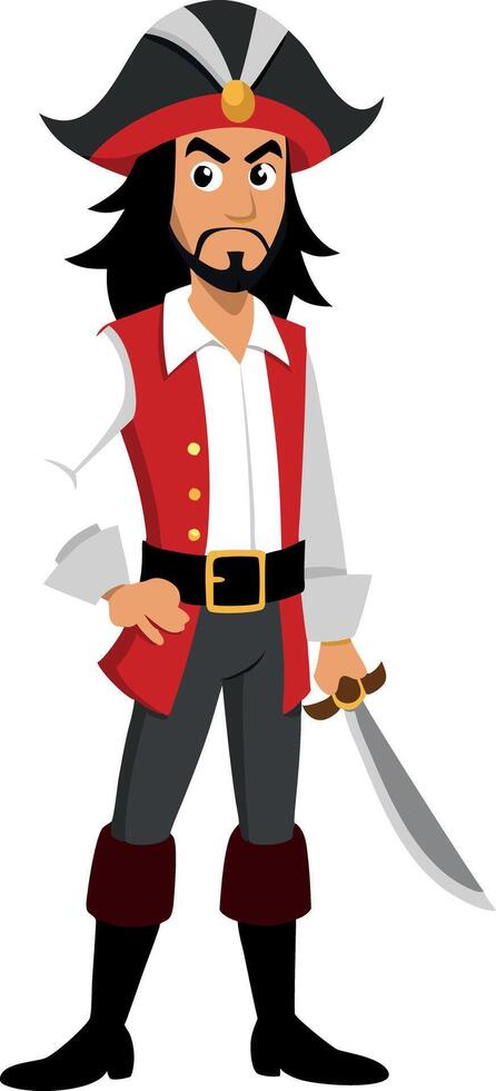 Cartoon pirate character in red vest and black hat with sword vector