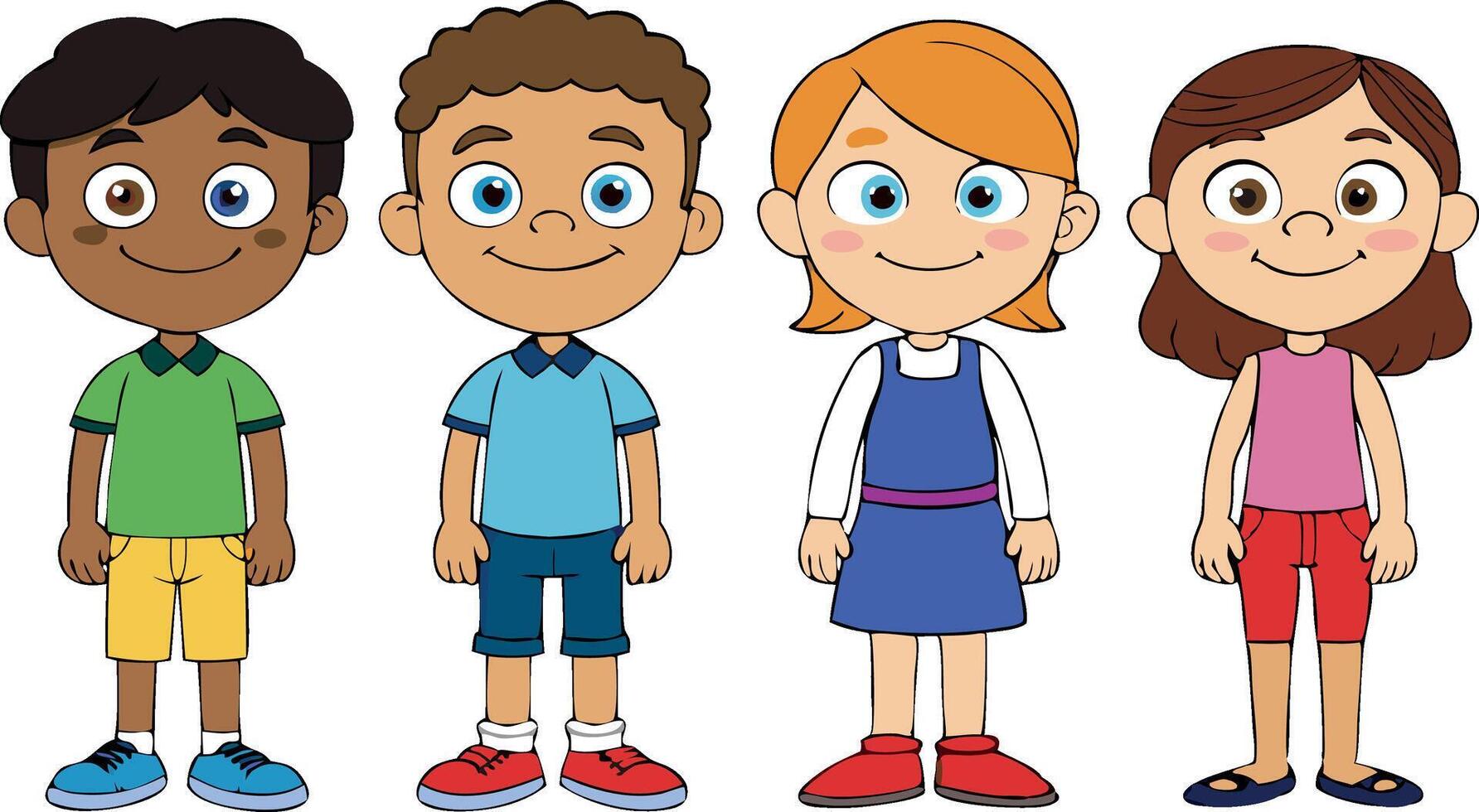 Cartoon illustration of diverse children standing in a row, isolated on white background vector