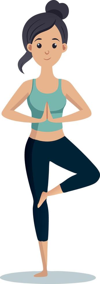 Young woman practicing yoga in tree pose cartoon illustration vector