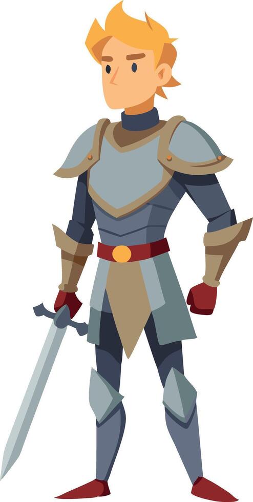 Illustration of a young medieval knight in armor holding a sword vector