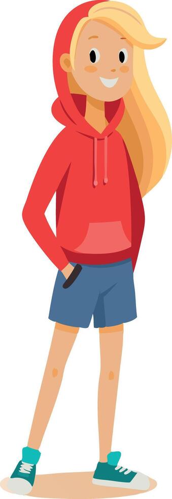 Smiling girl in red hoodie and blue shorts, standing confidently in casual outfit vector