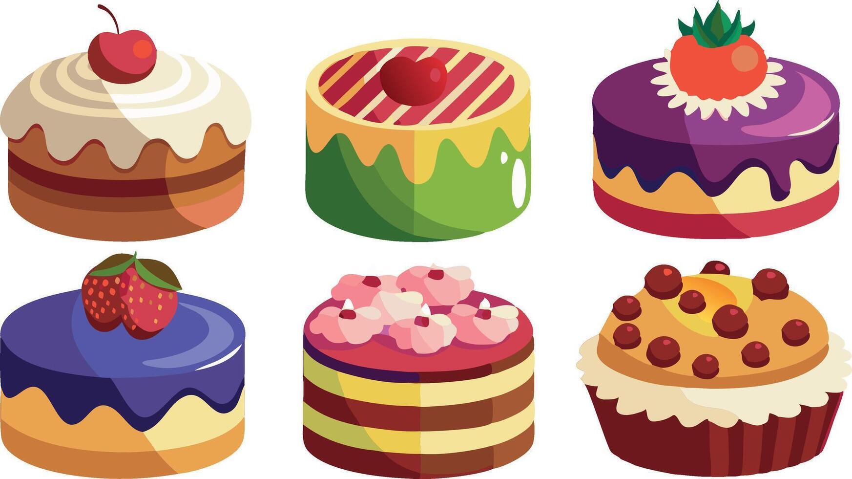 Colorful collection of various delicious cakes with fruits and frosting, illustration vector