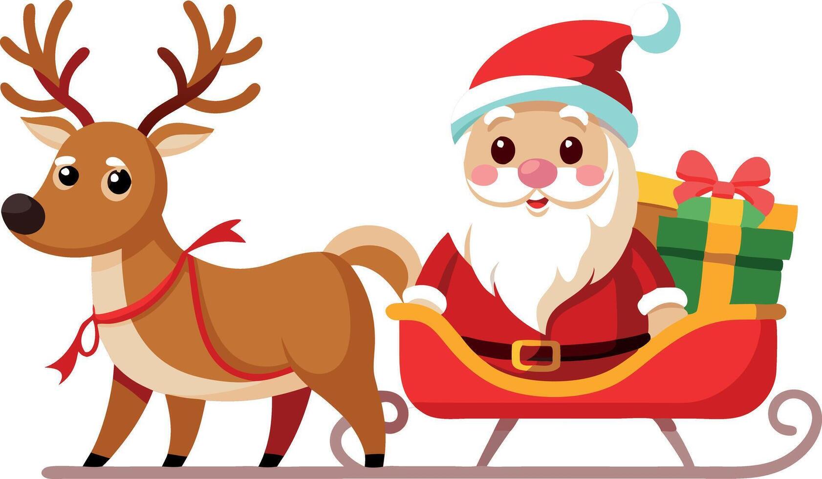 Cute cartoon Santa Claus in sleigh with reindeer and Christmas presents vector