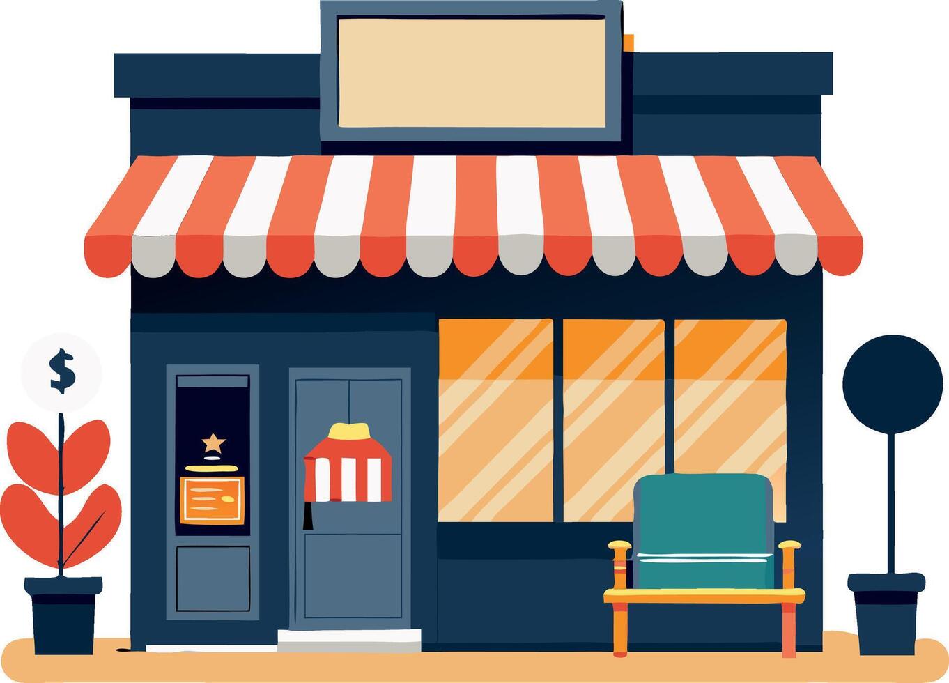 Illustration of a small storefront with a red and white striped awning, large window, and outdoor bench vector