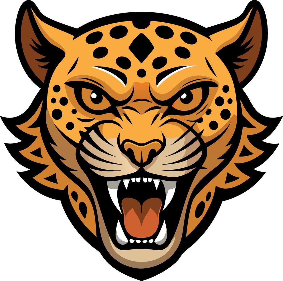 Fierce leopard face illustration in format with intense expression and sharp fangs vector