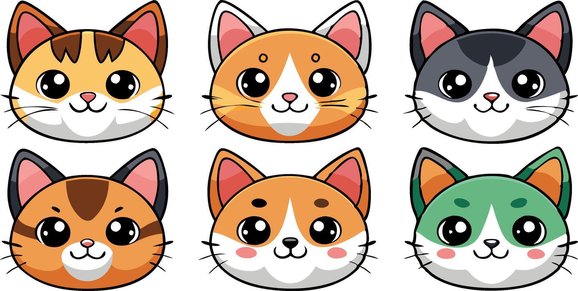 Collection of cute cartoon cat faces with different expressions on a white background vector