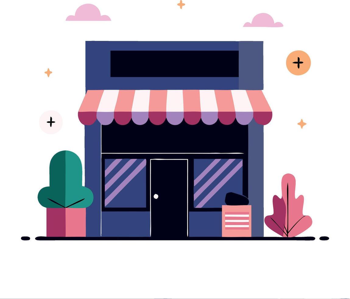 Colorful storefront illustration with striped awning and plants for business and retail imagery vector