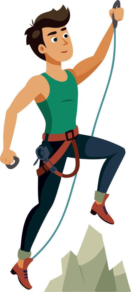 Young man rock climbing with safety equipment and focus in art style vector