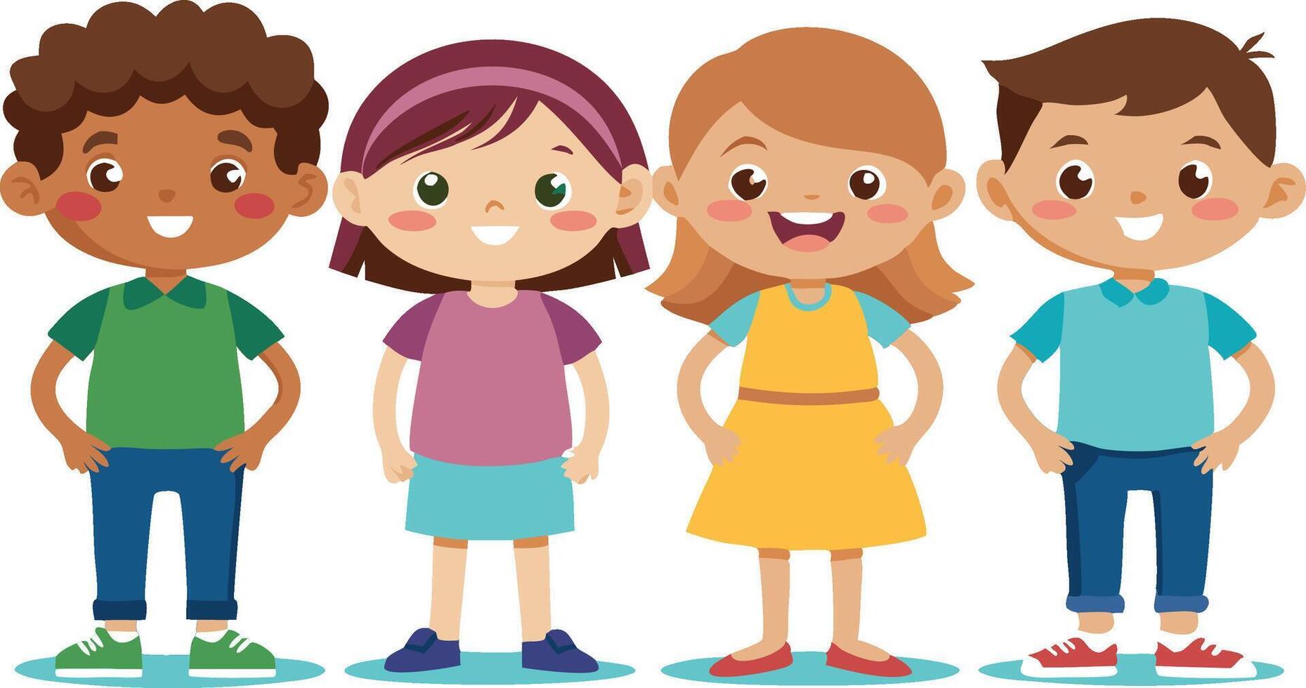 Group of four happy diverse children standing together and smiling vector
