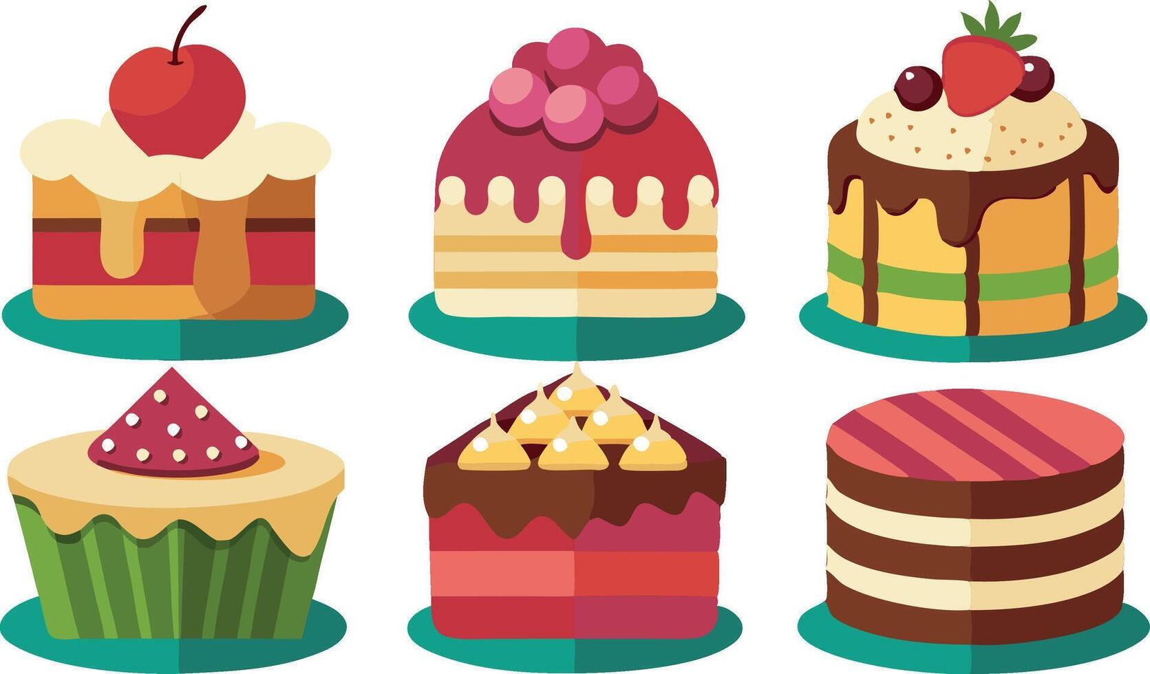 Colorful illustrations of various cakes with different toppings and designs vector