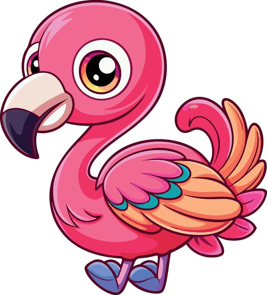 A cartoon flamingo with pink feathers and orange beak vector