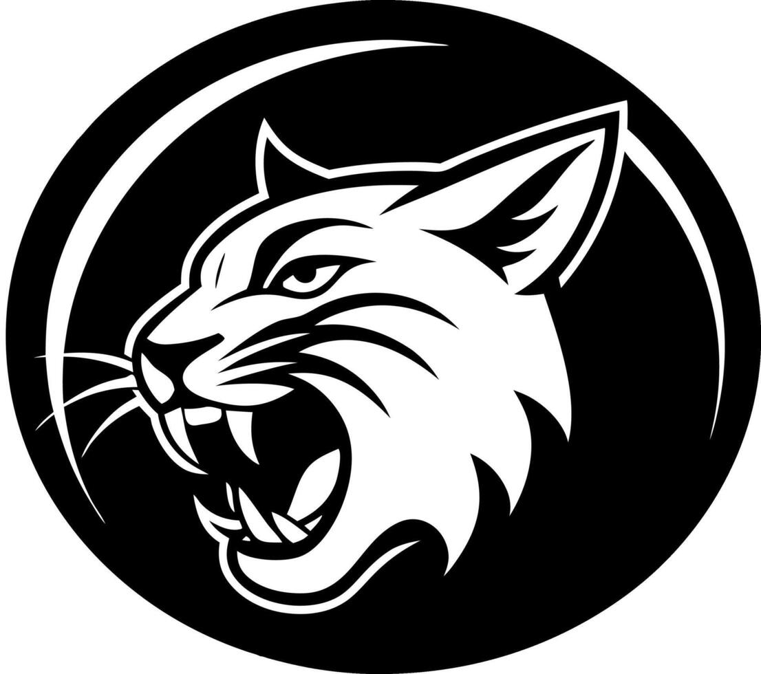 A black and white image of a cat with its mouth open and teeth bared vector