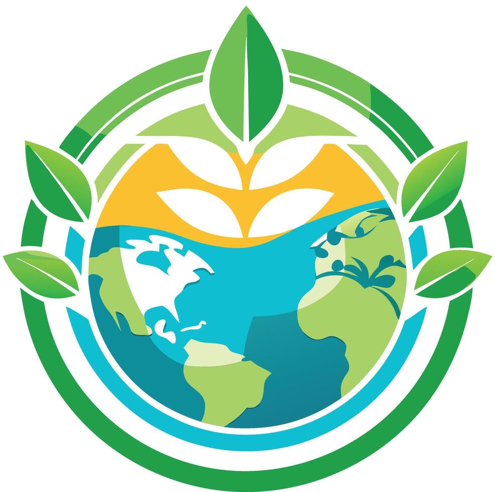 A green leafy circle with a globe in the center vector