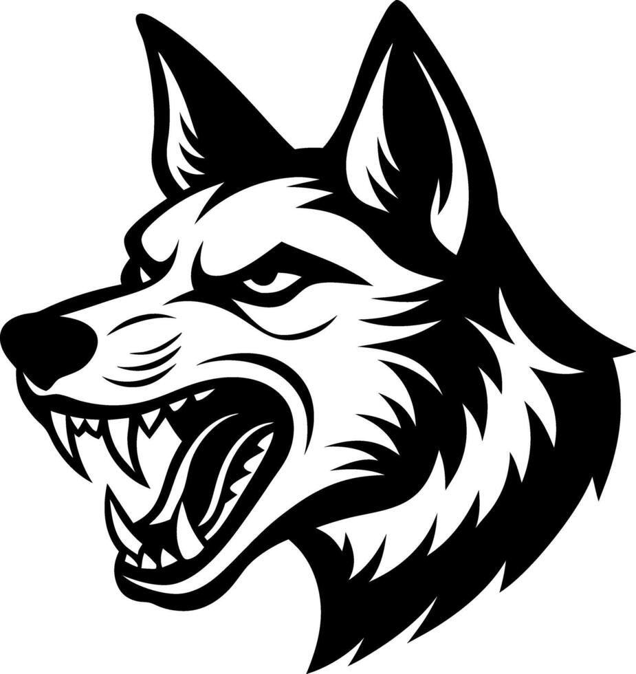 A black and white drawing of a dog with its mouth open and teeth bared vector
