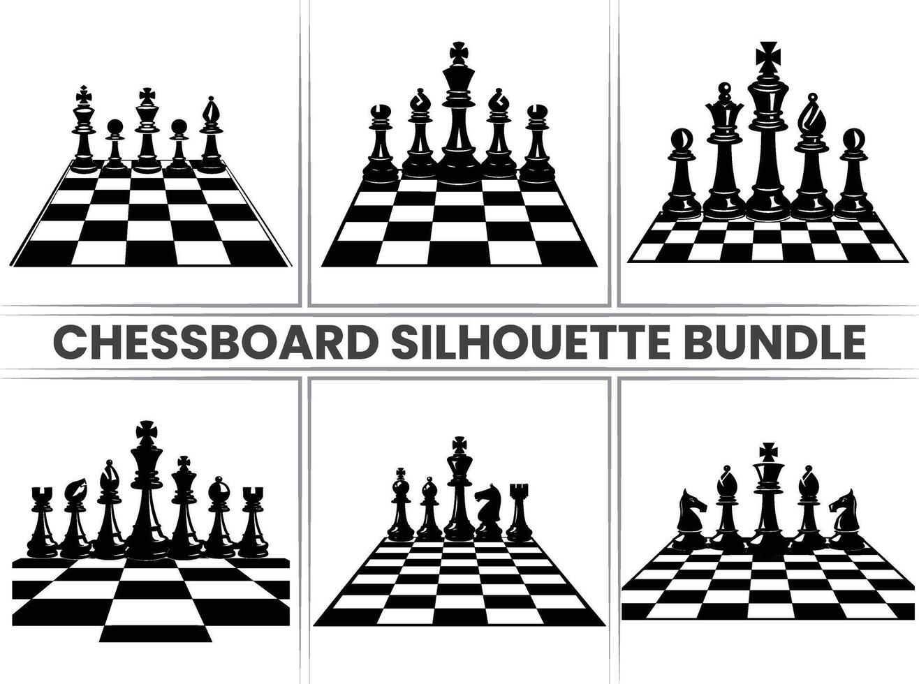 Chess pieces on a Chessboard silhouette Checkers bundle in black and on a white background. vector