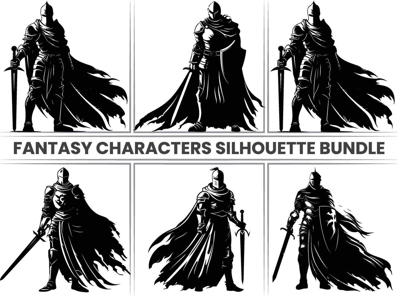 Fantasy Characters Silhouette Set, Mythology, Japanese Samurai, Warriors, and Swordsmen. Includes Samurai and Ninja Boys, Archery, and Military Figures Holding Swords for Protection. vector