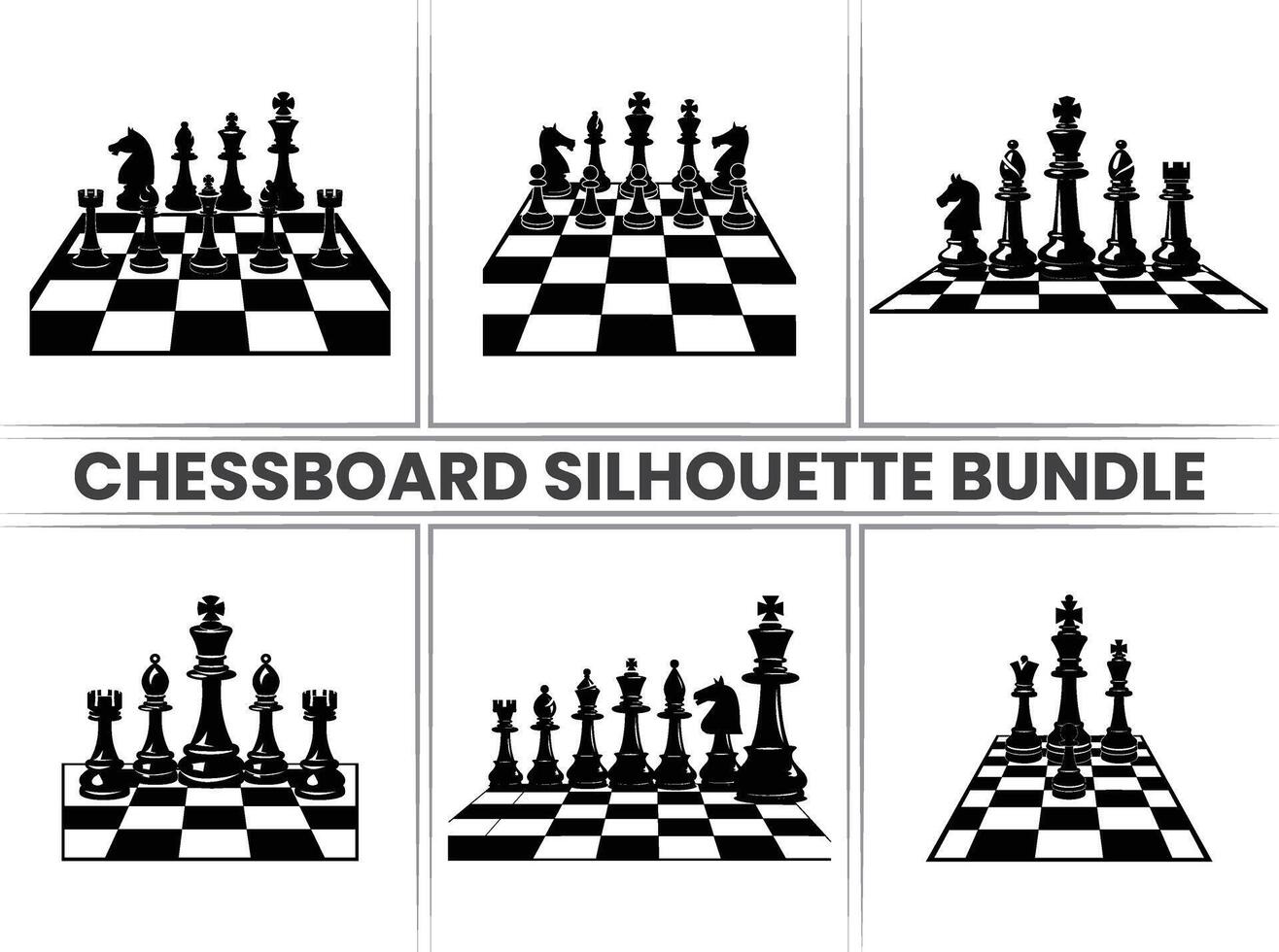 Chess pieces on a Chessboard silhouette Checkers bundle in black and on a white background. vector