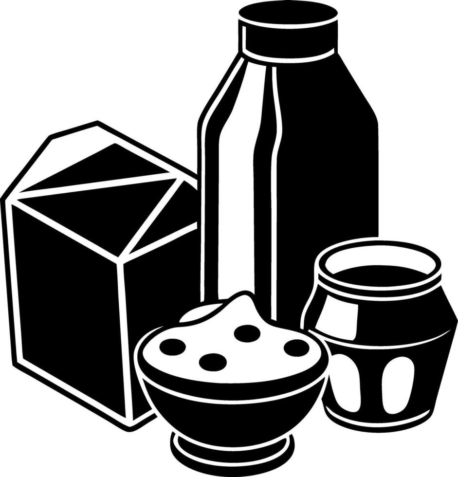 A black and white image of a carton of milk, a jar of jelly, a bowl, and a cup vector