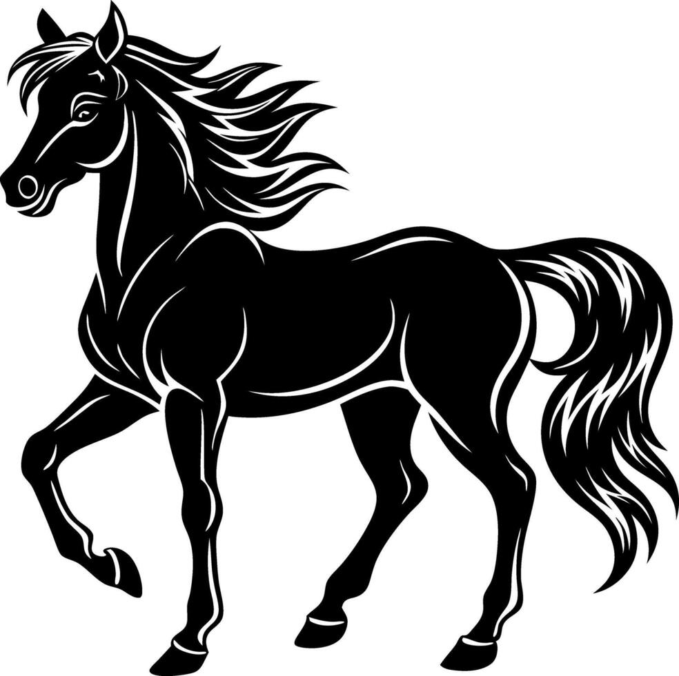 A black horse with long hair is standing on a white background vector