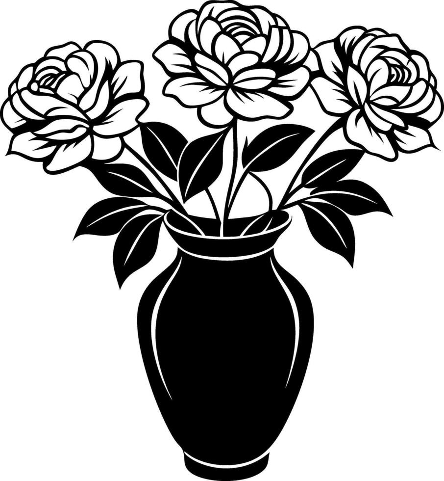 A black vase with three white roses in it vector