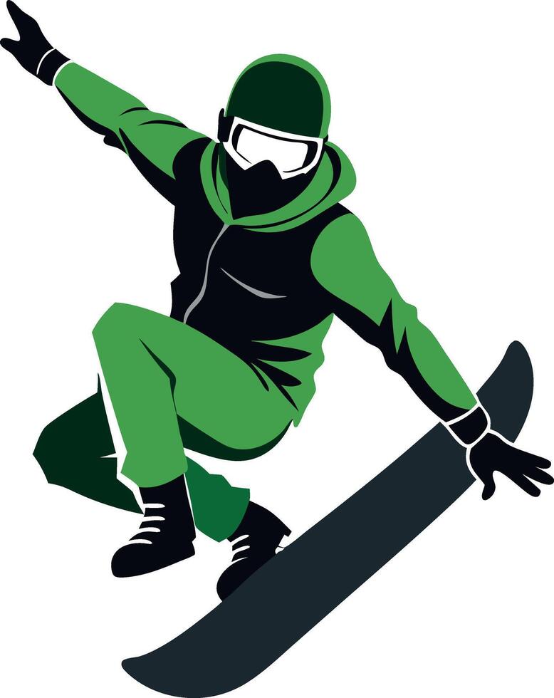 Snowboarder performing a jump in green gear on a white background vector