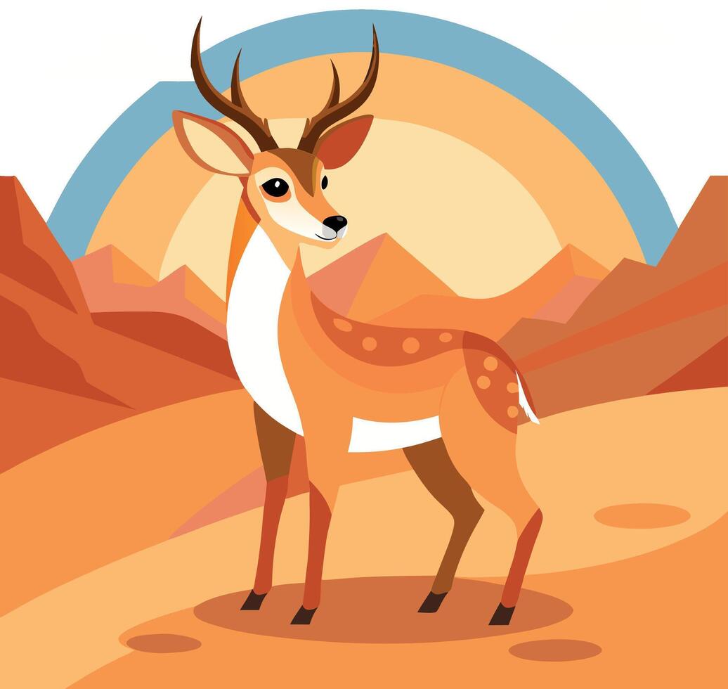 Illustration of a deer standing in a vibrant desert landscape with mountains and sun vector