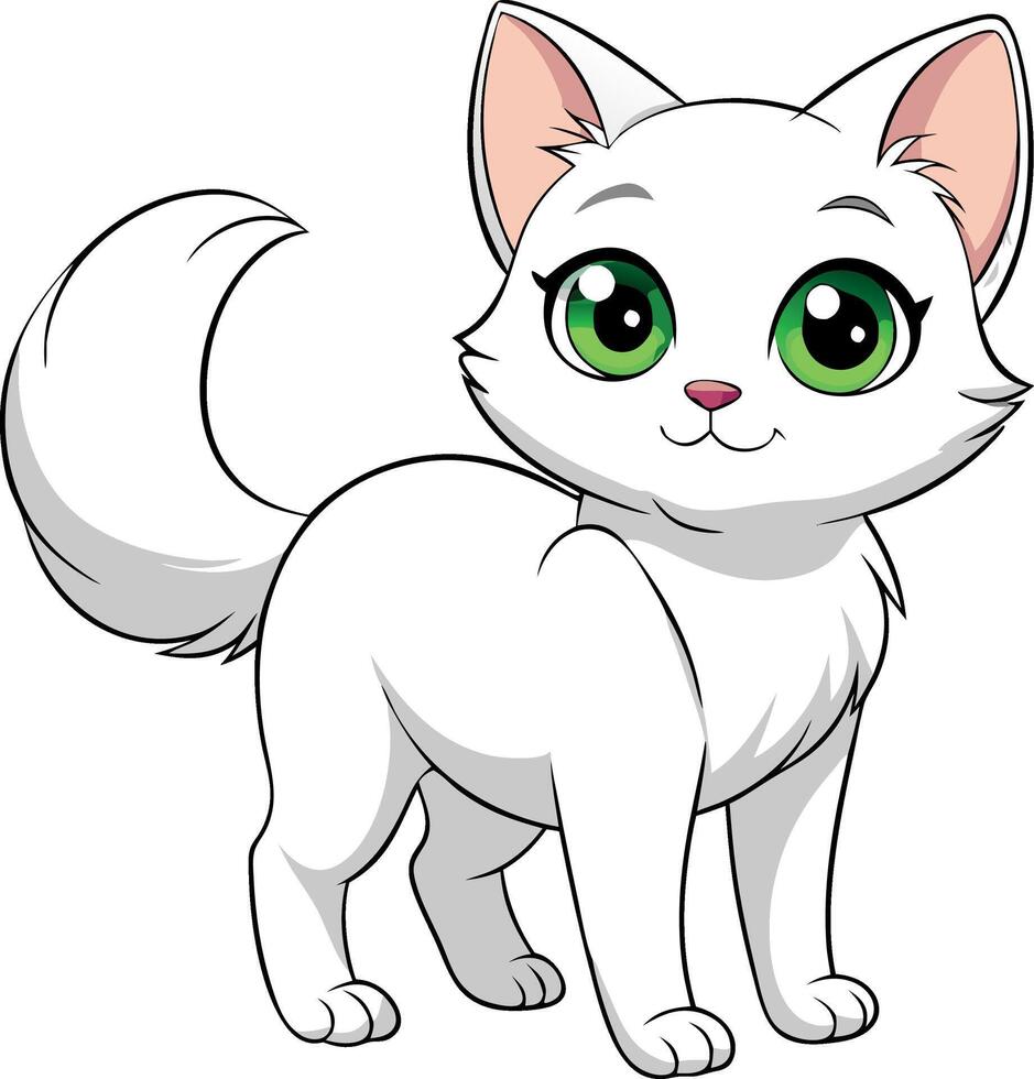A cartoon cat with green eyes and a pink nose is standing on a white background vector