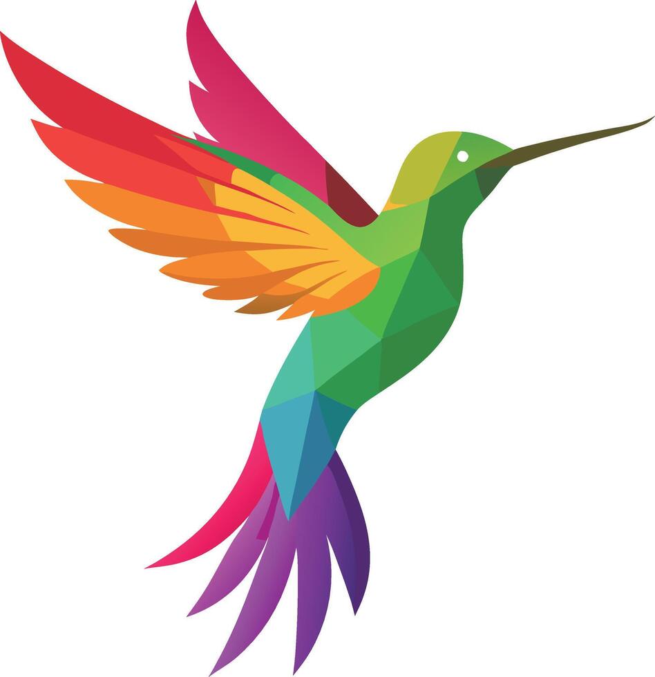Colorful geometric hummingbird illustration in flight with vibrant polygonal design vector