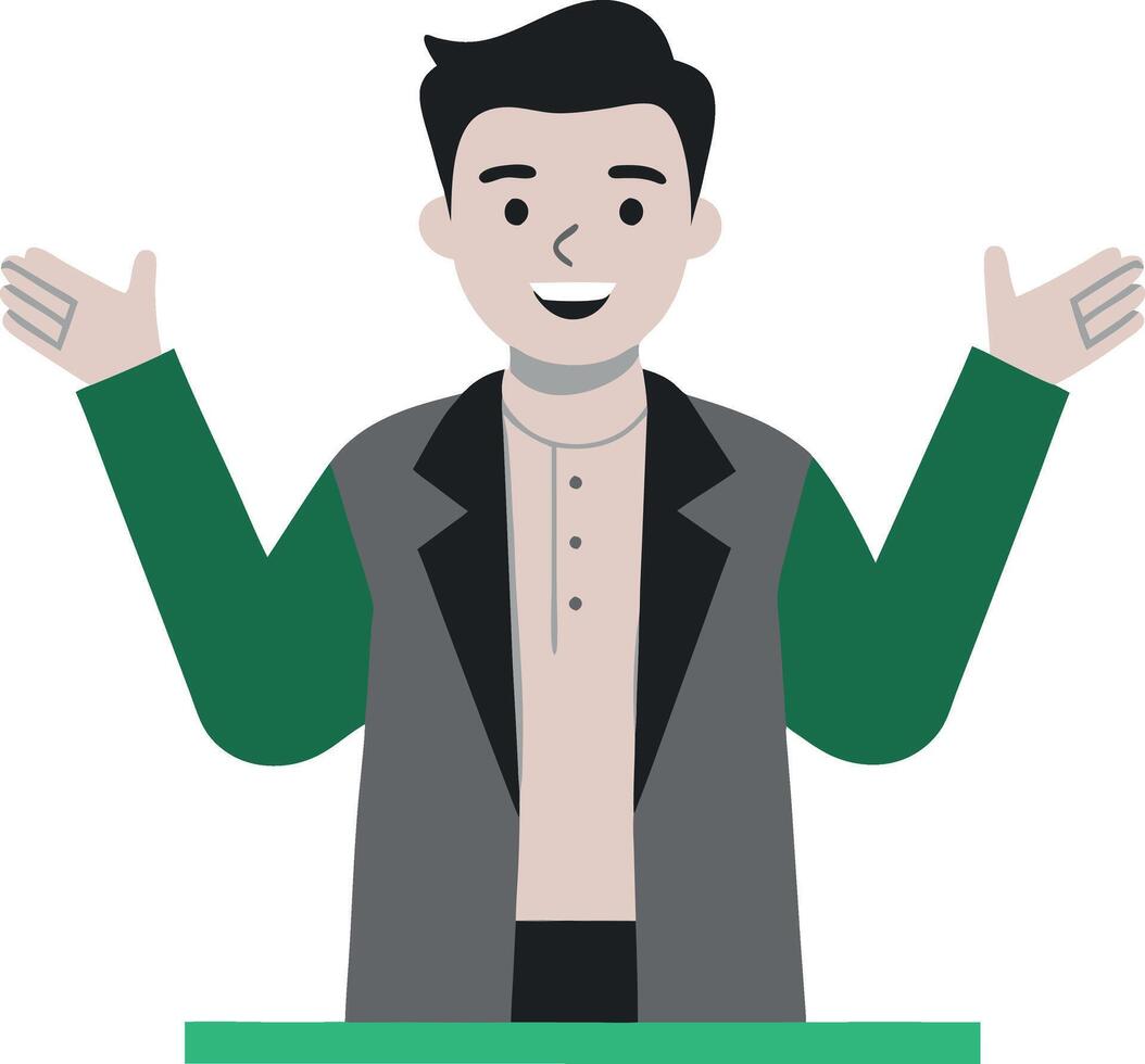 Illustration of a cheerful man with open arms wearing a green and gray jacket vector
