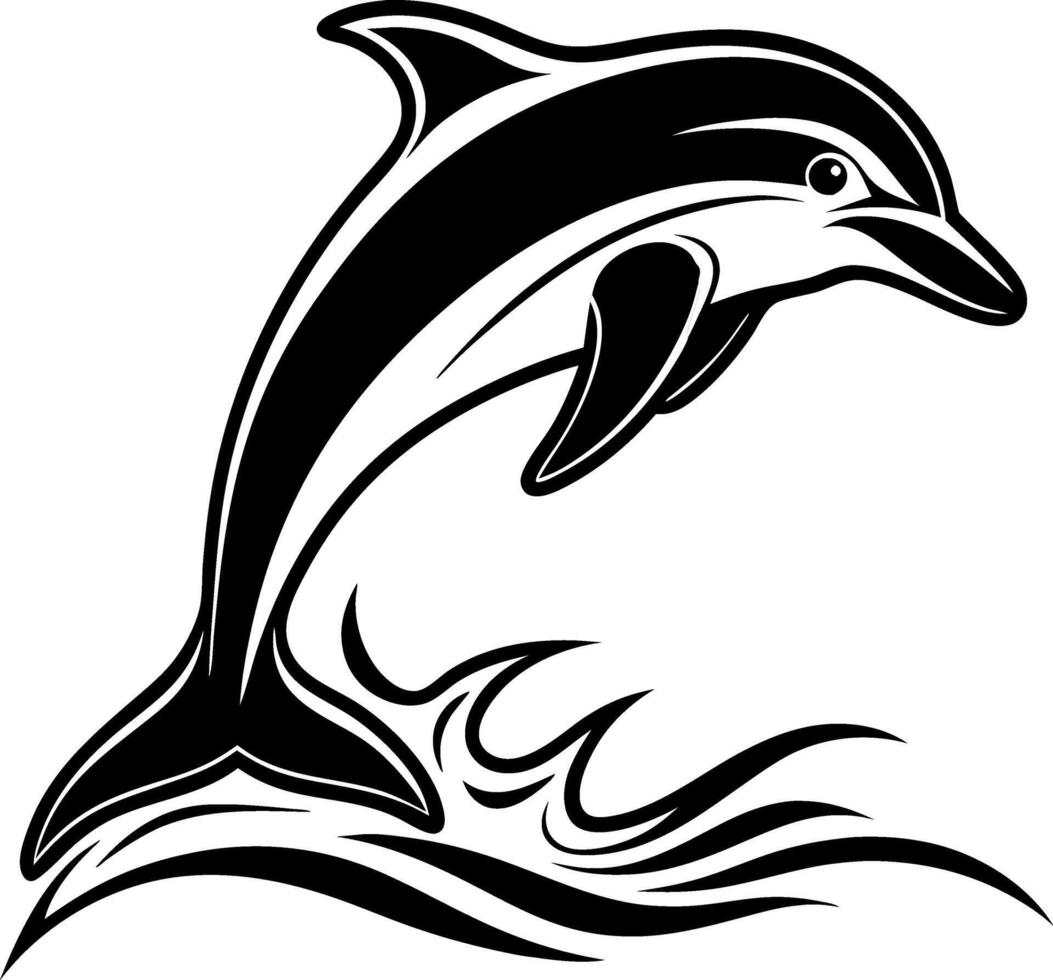 Stylized black and white dolphin jumping out of waves illustration vector