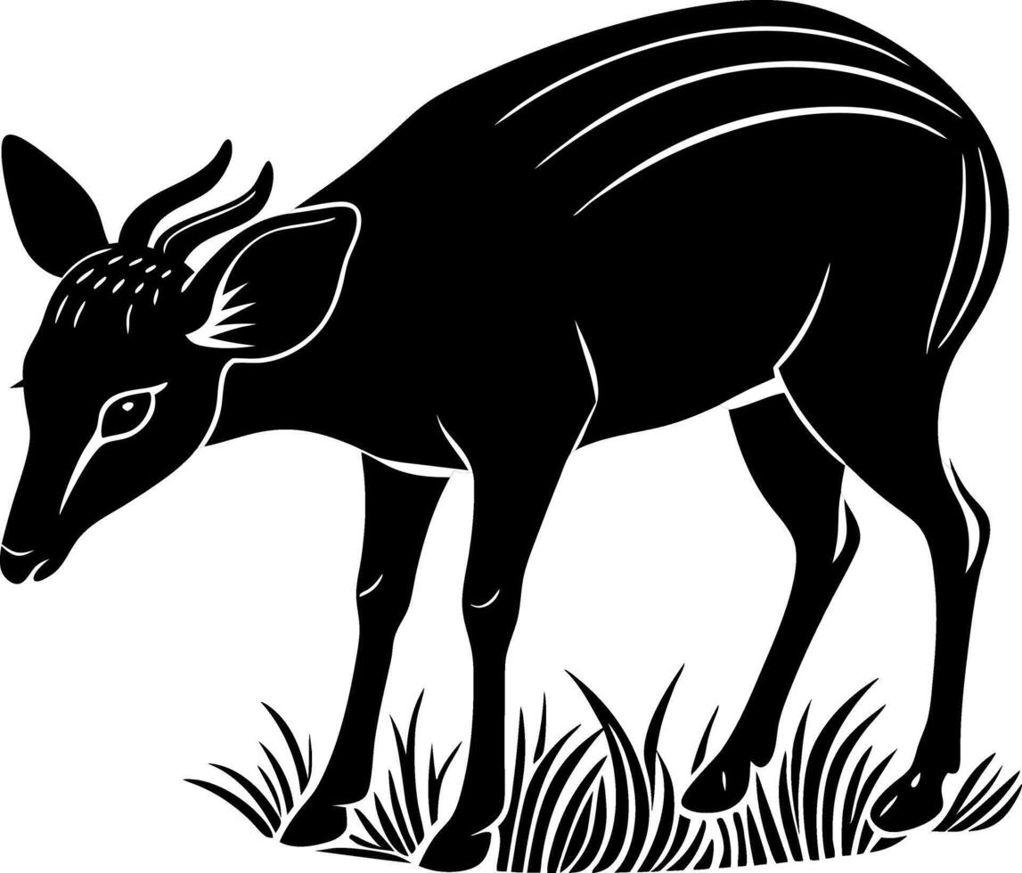 A black and white drawing of a deer eating grass vector